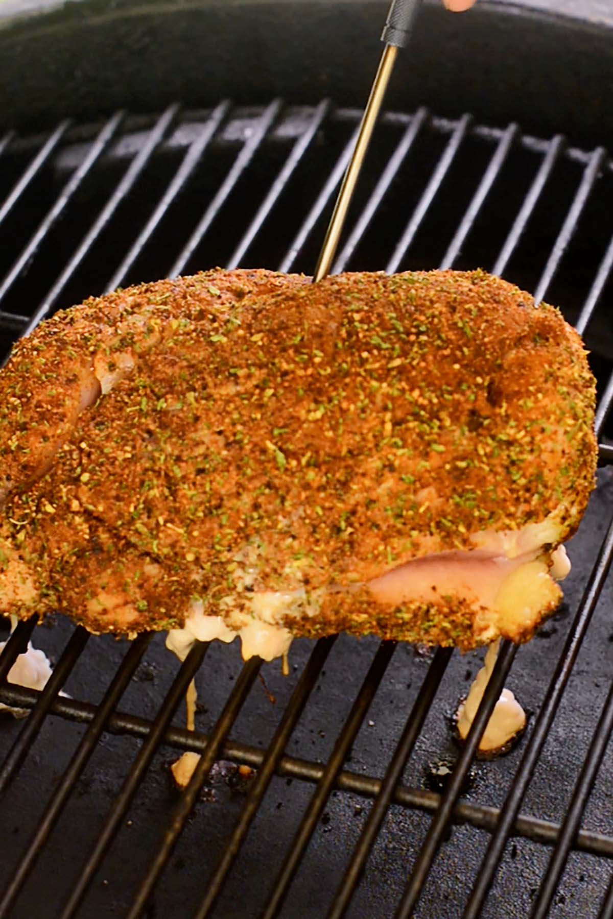 Smoked turkey breast roast being probed on a smoker.