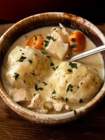 Classic creamy southern chicken and dumplings served in a brown rustic bowl.