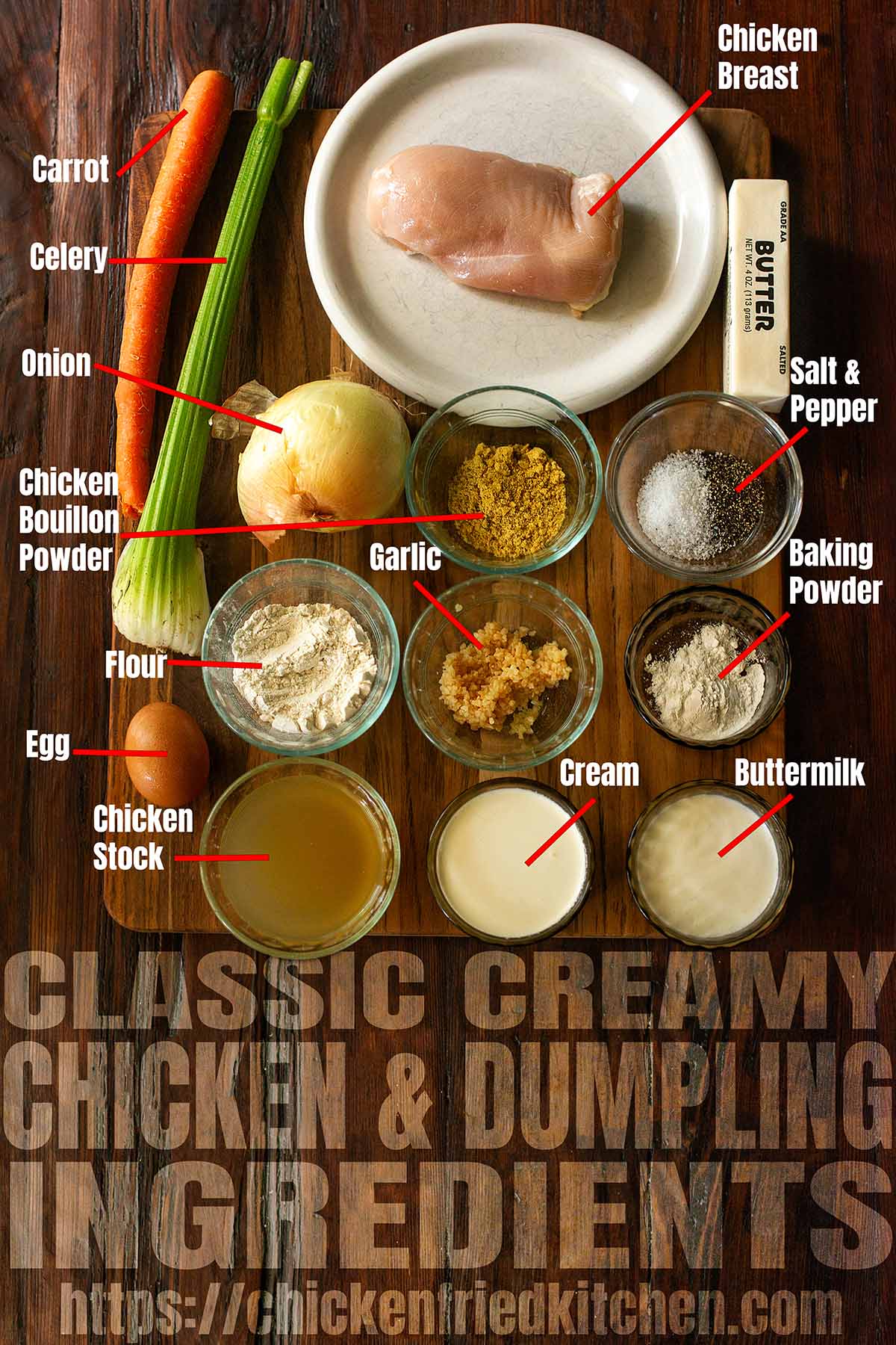 Classic Southern creamy chicken and dumplings ingredients laid out and labeled on a wooden table.