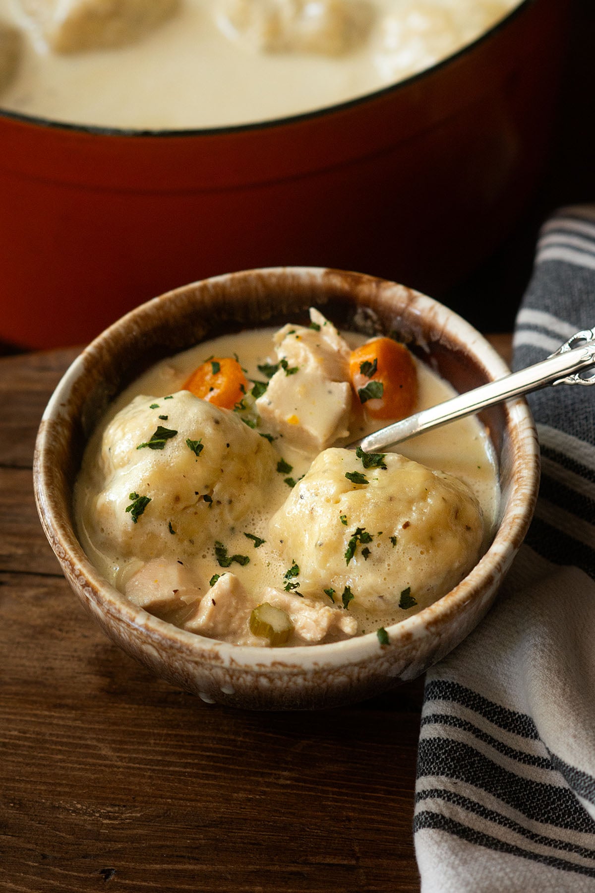 Creamy Southern-style chicken and dumplings served in a rustic bowl.