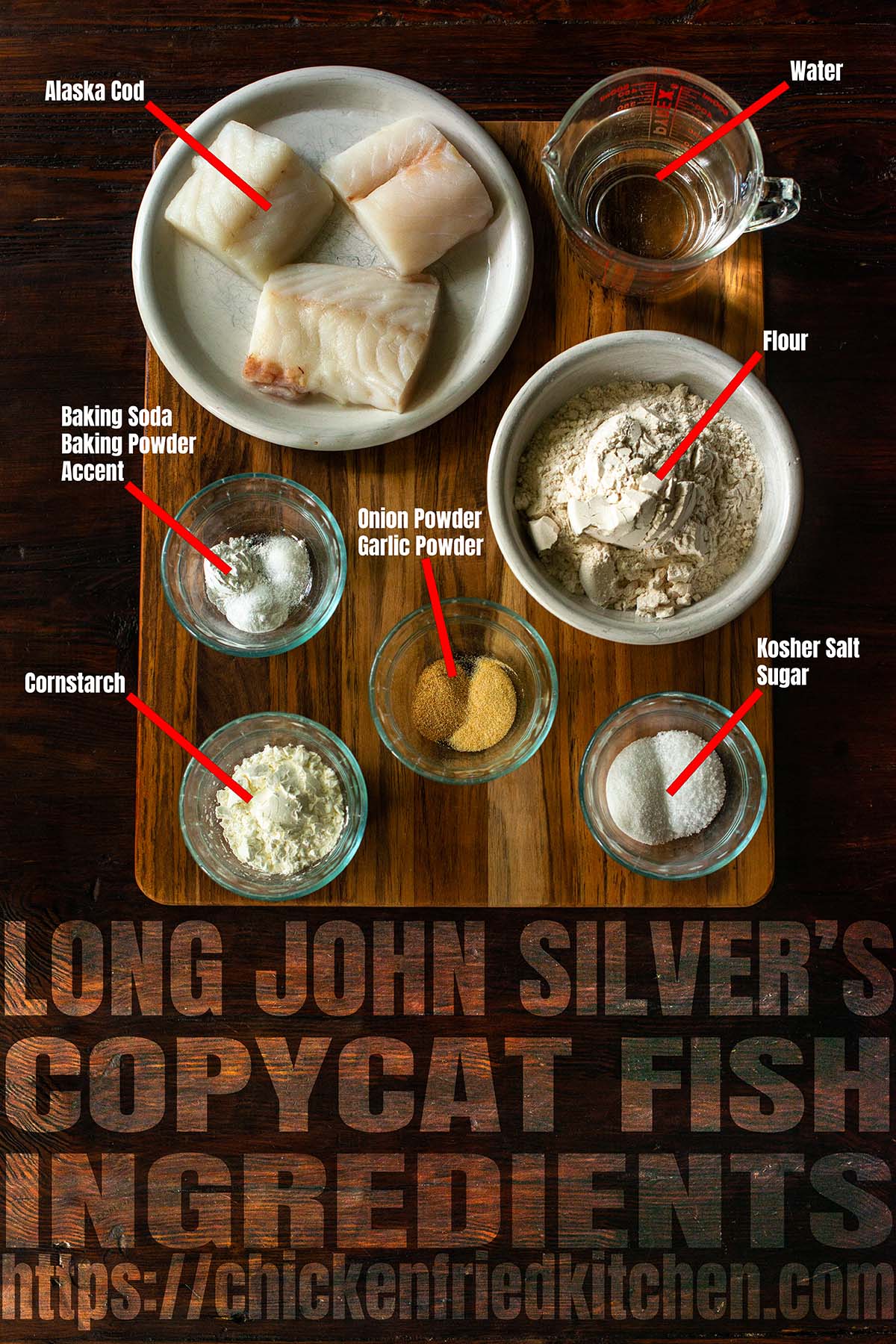Long John Silver's copycat fish ingredients labeled and laid out on a wooden table.
