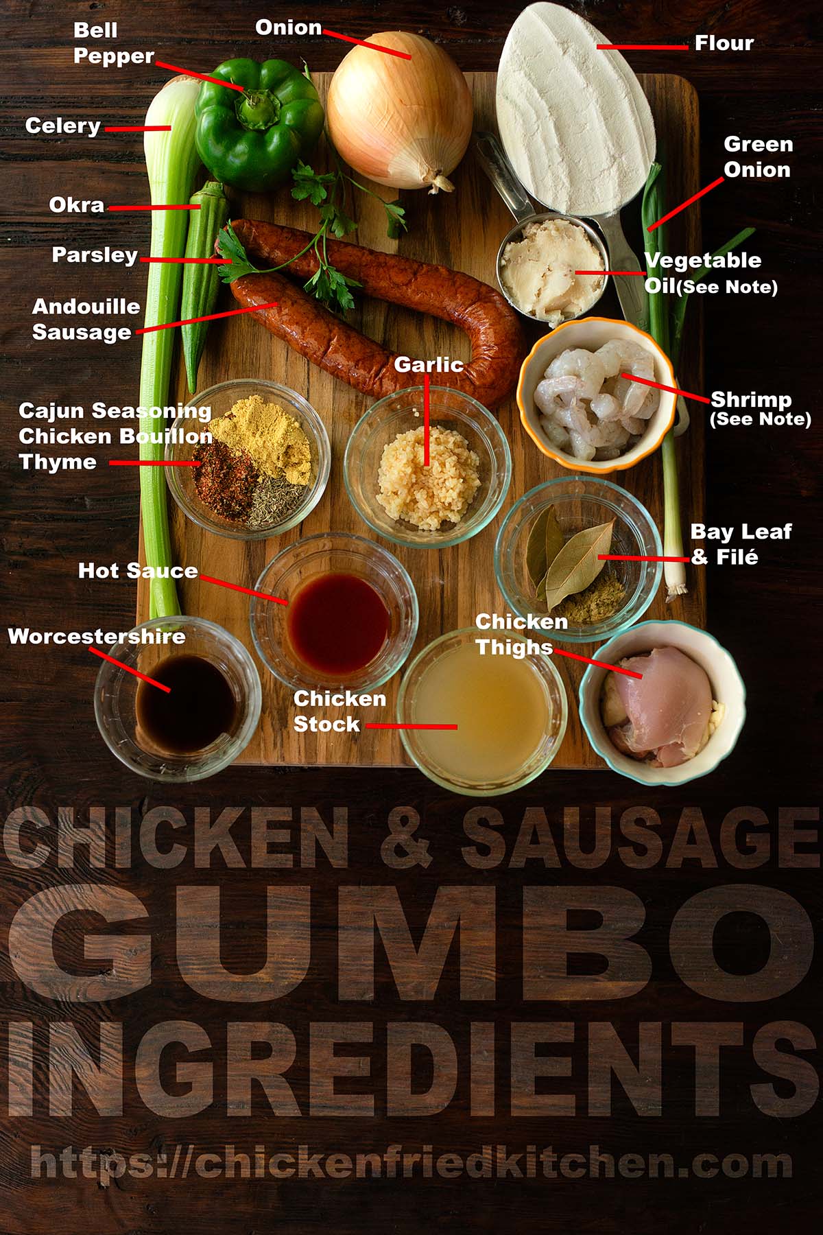 Chicken and sausage gumbo ingredients laid out and labeled on a wood table.