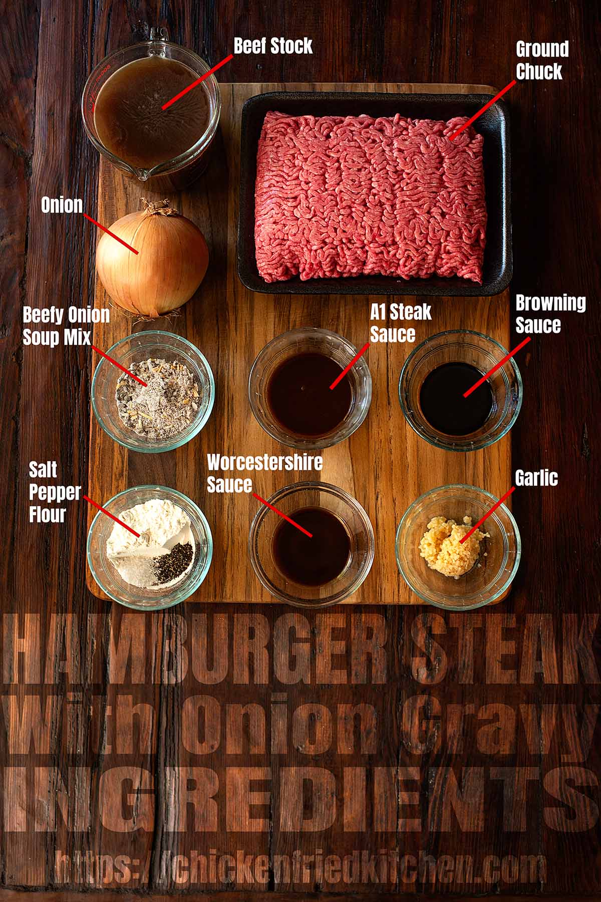 Hamburger steak with onion gravy ingredients laid out and labeled on a wooden table.