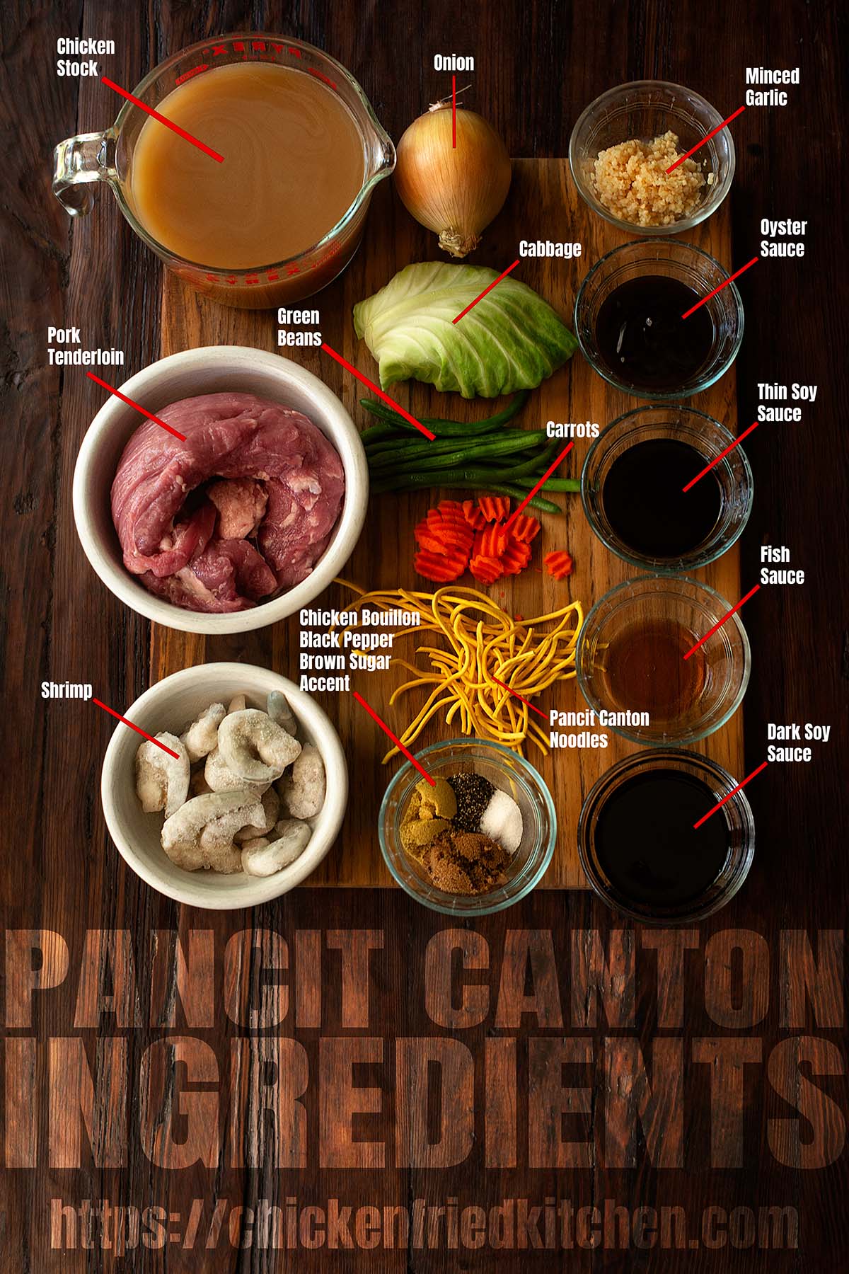 Pancit canton ingredients laid out on a table and labeled.