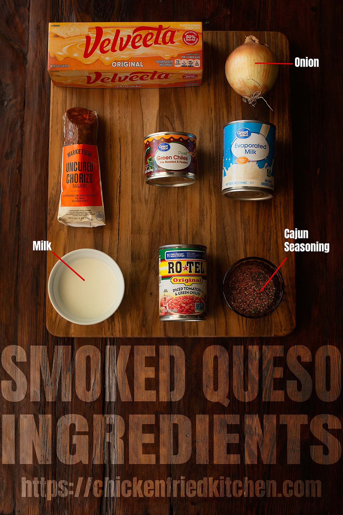 Smoked queso ingredients labeled and laid out on a wooden table.
