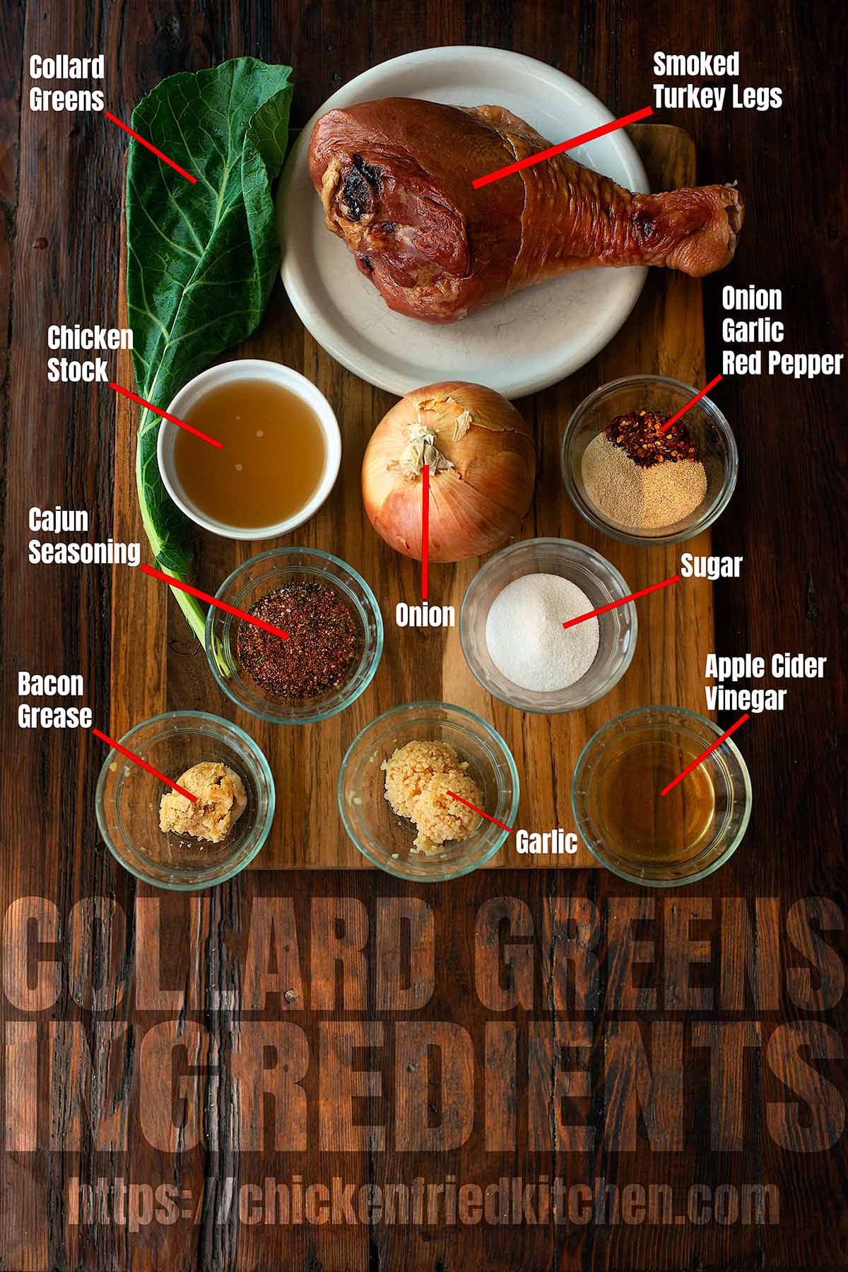 Southern collard greens ingredients laid out and labeled on a wooden table.